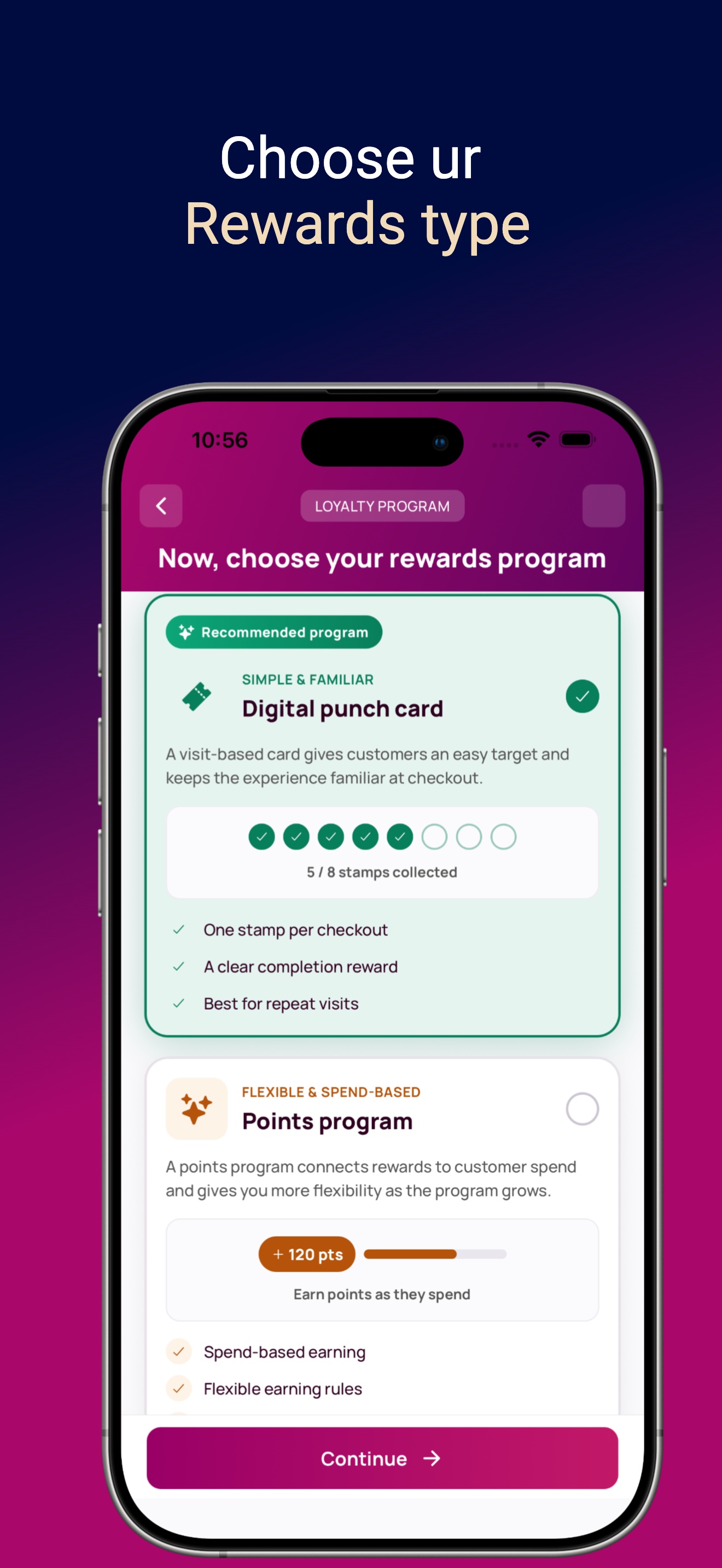 Choose your rewards type — stamp card or points