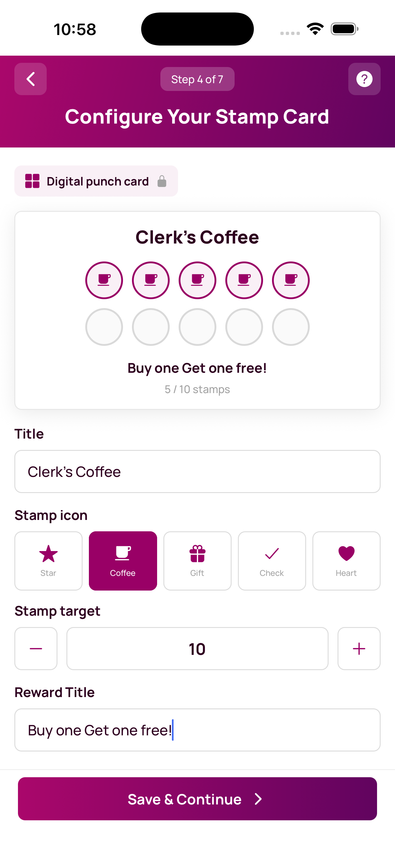 Stamp card configuration