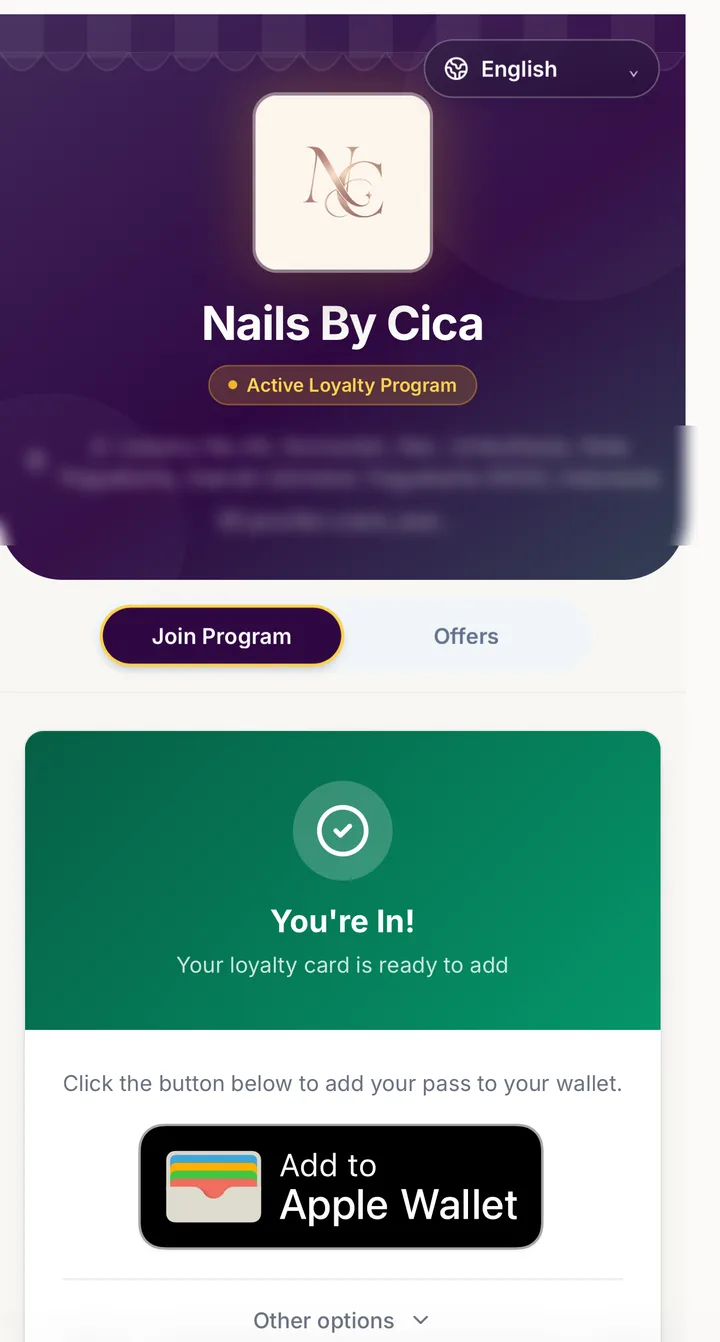 Add to Apple Wallet button after joining the program