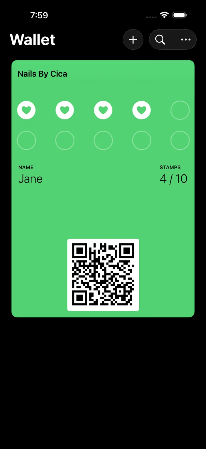 The loyalty stamp card inside Apple Wallet