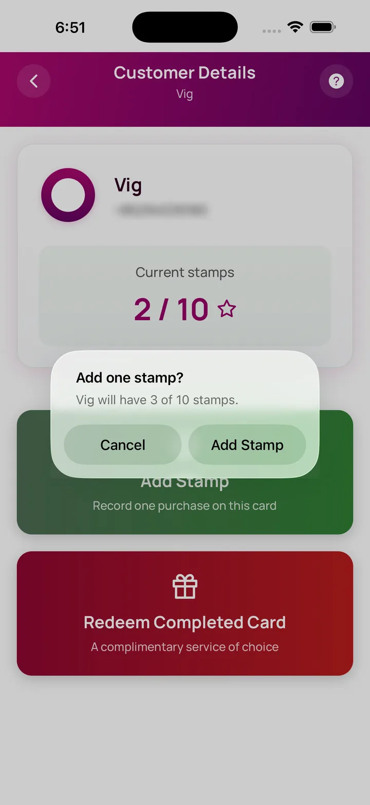 Adding a stamp to a customer's card at checkout