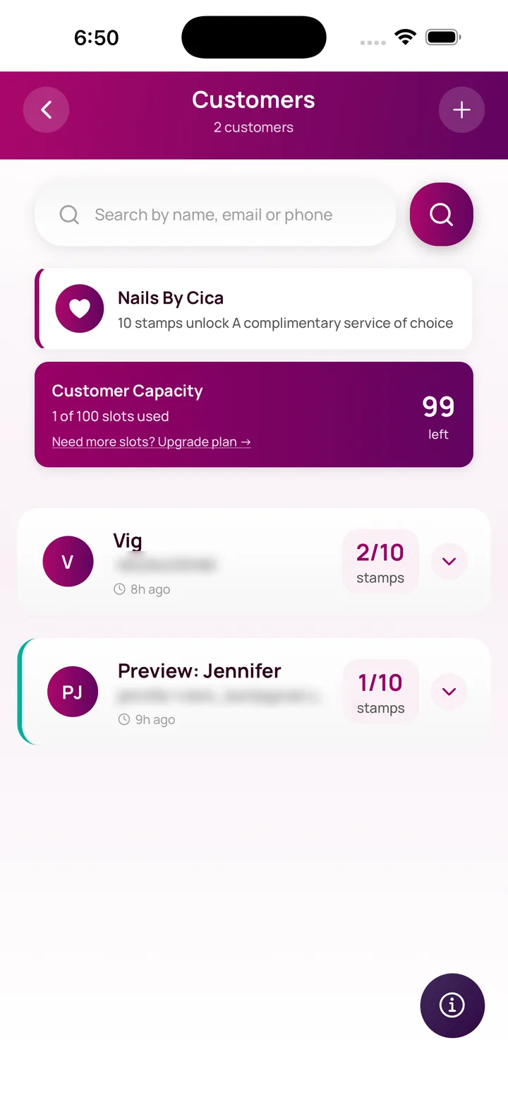 Customer list showing stamp progress for each customer